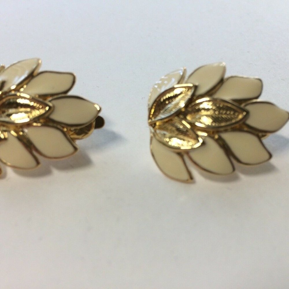 Trifari Clip On Earrings Gold Tone Leaves Cloisonn